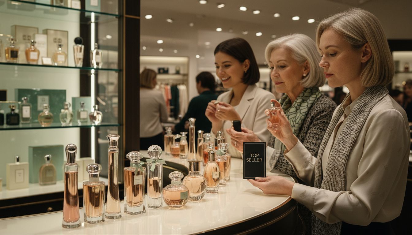 Elegant perfume counter with popular fragrances