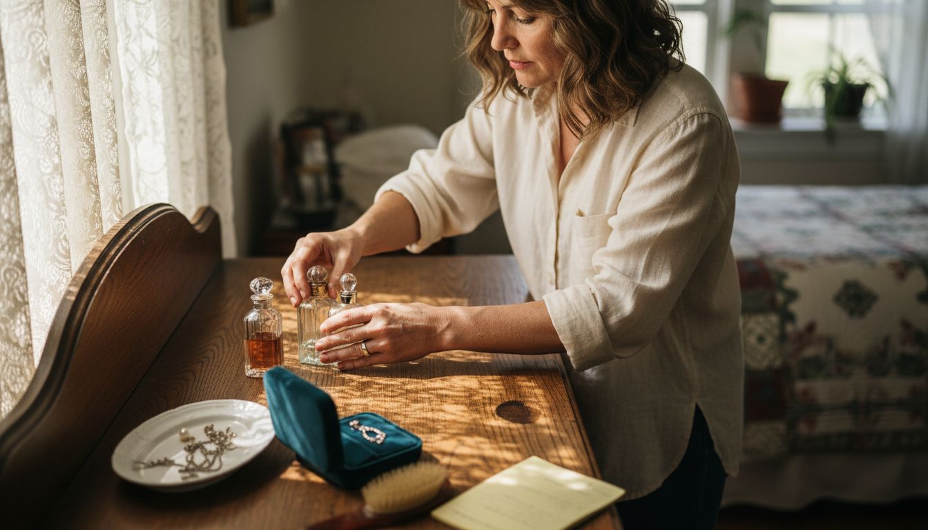 Woman arranging perfume bottles on dresser