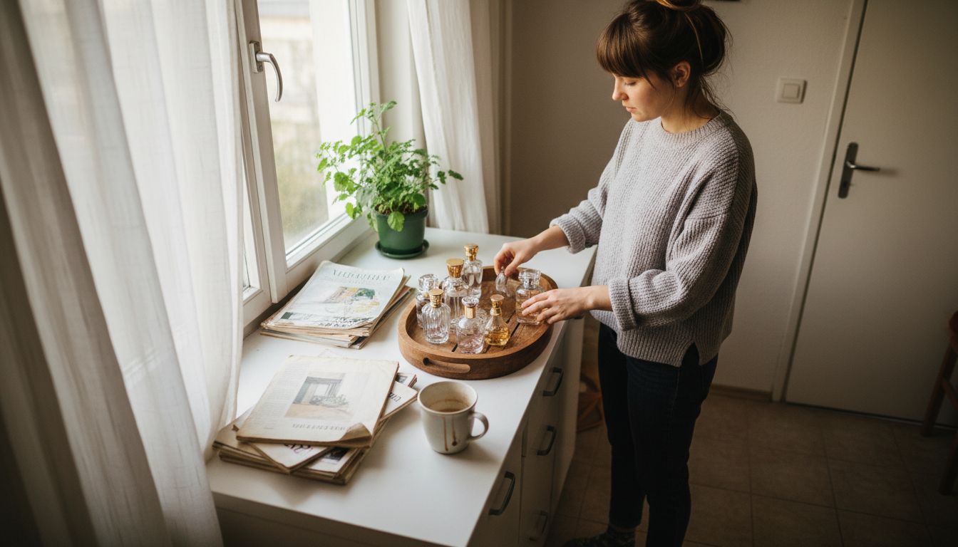 Frau ordnet nachhaltige Parfums auf Tablett