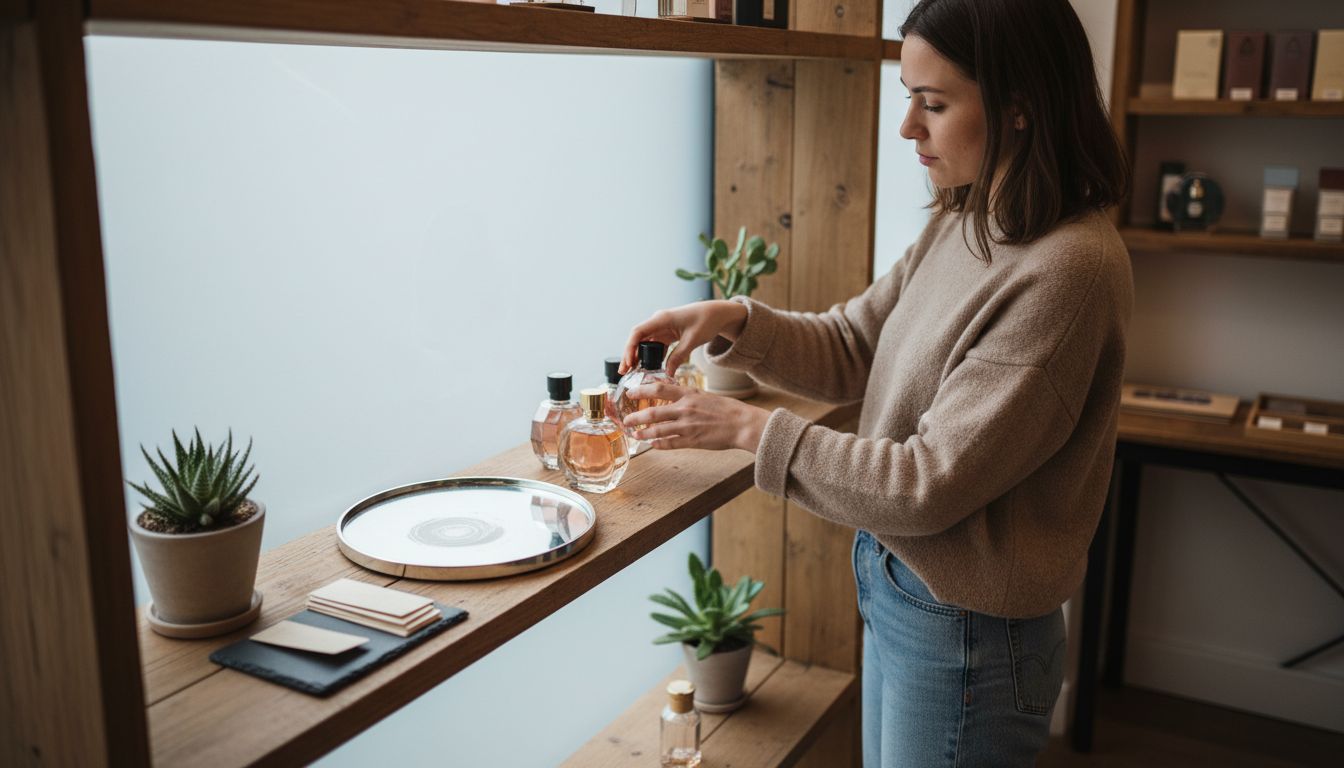 Boutique shop assistant arranging perfumes on display