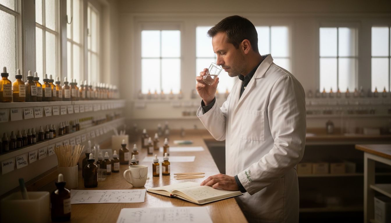 Perfumer in lab surrounded by fragrance bottles
