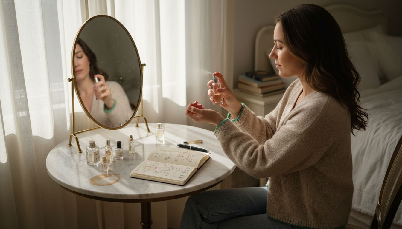 Woman sampling perfume at sunlit vanity