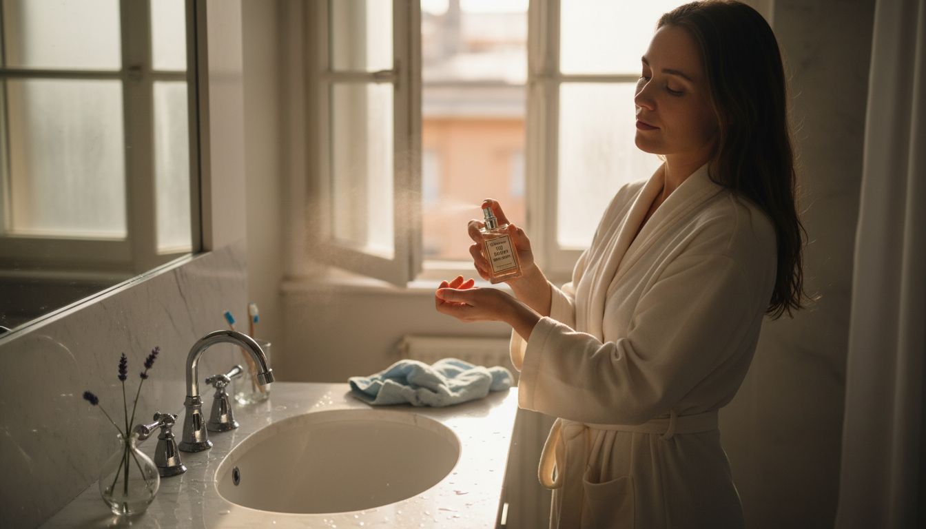 Am Morgen steht eine Frau im Badezimmer und sprüht sich ihr Lieblingsparfum auf.
