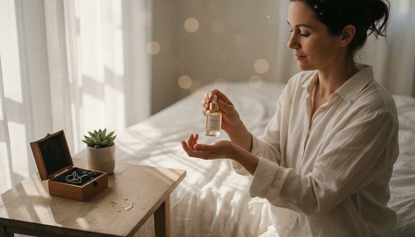 Im sanften Morgenlicht trägt eine Frau ihr Lieblings-Parfümöl auf.