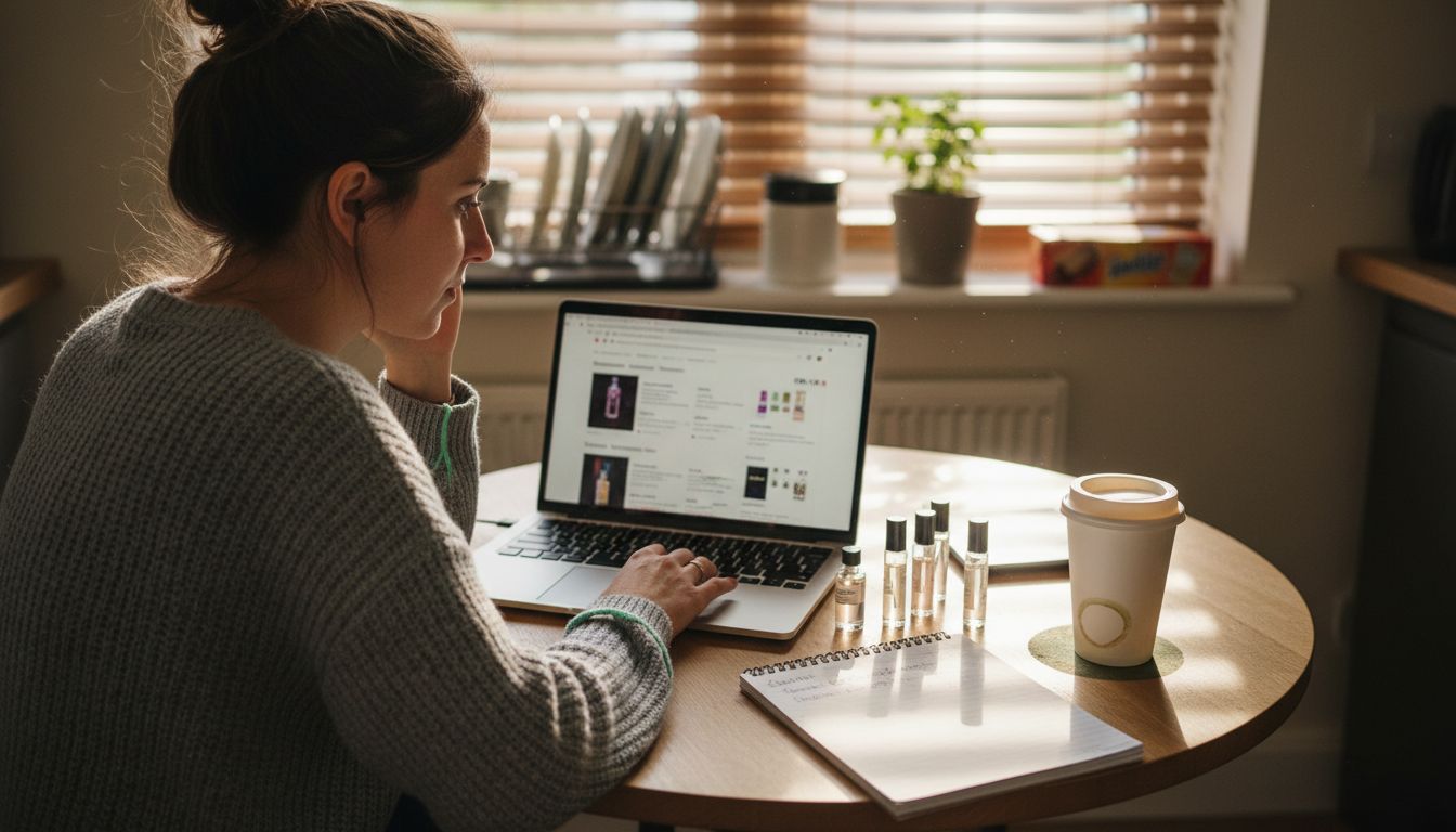 Woman shopping for perfume online at kitchen table