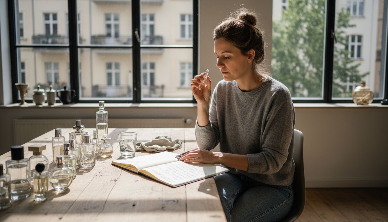 Eine Frau sitzt zu Hause am Tisch und testet verschiedene Parfümproben.
