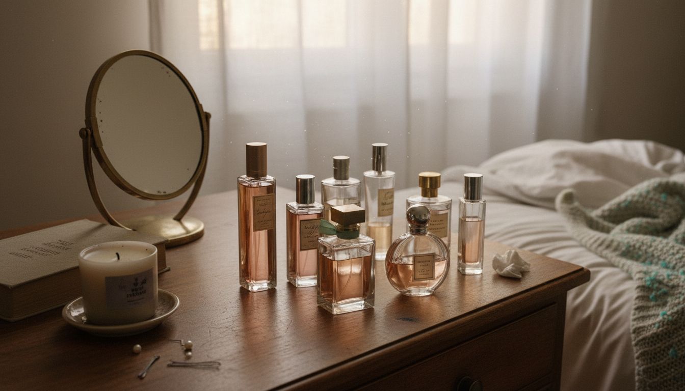 Perfume bottles on wooden dresser in morning