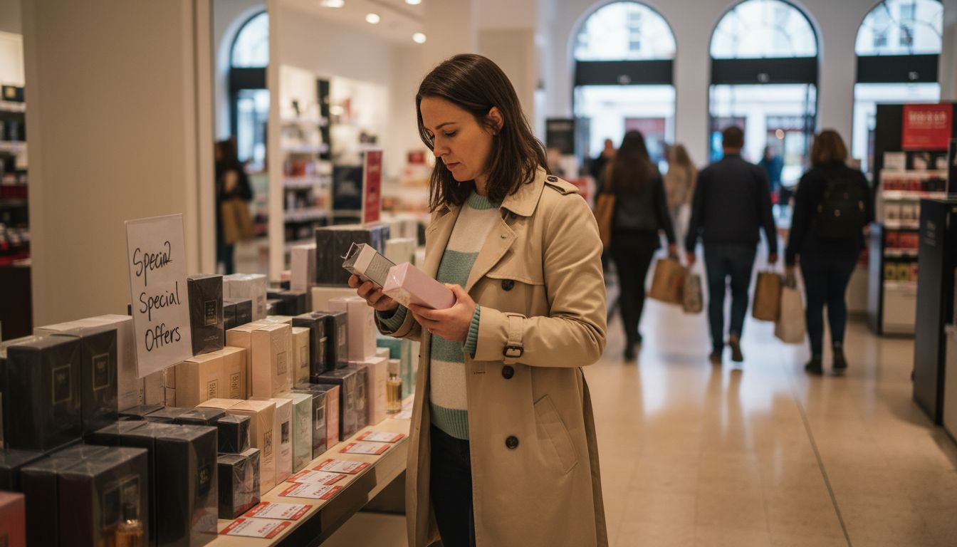Woman comparing discount perfumes in UK store