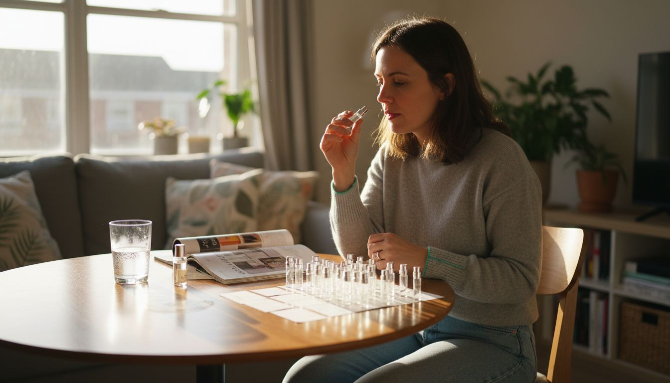 Woman testing several perfumes at home