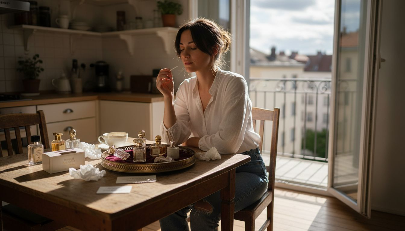 Ein Einsteiger entdeckt zu Hause verschiedene Duftproben und schnuppert sich neugierig durch die Auswahl.