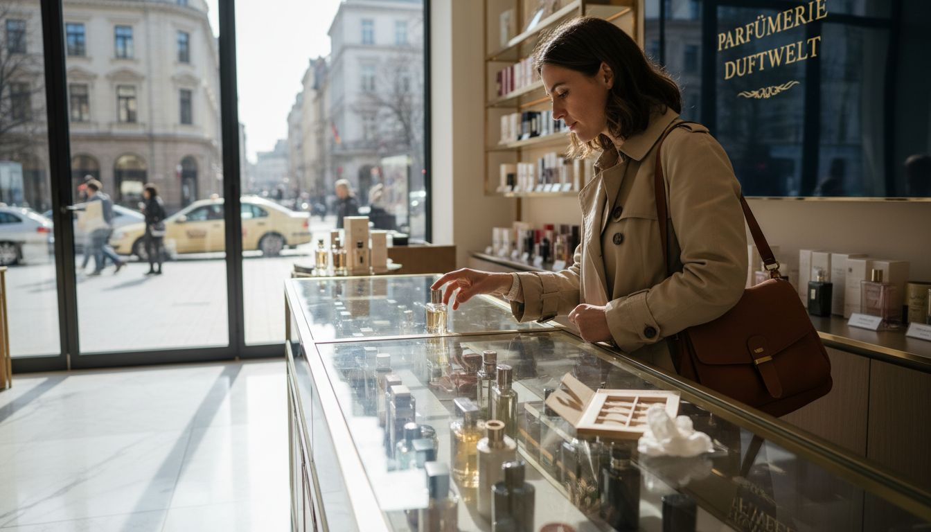Eine Frau stöbert in einer Parfümerie auf der Suche nach exklusiven Düften.