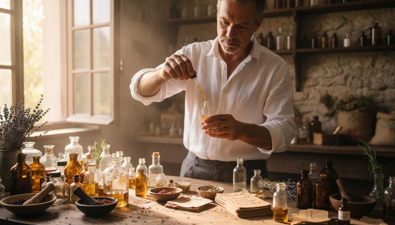 In einem sonnendurchfluteten Atelier mit rustikalem Charme gießt ein Parfümeur duftendes Öl in kleine Flakons.