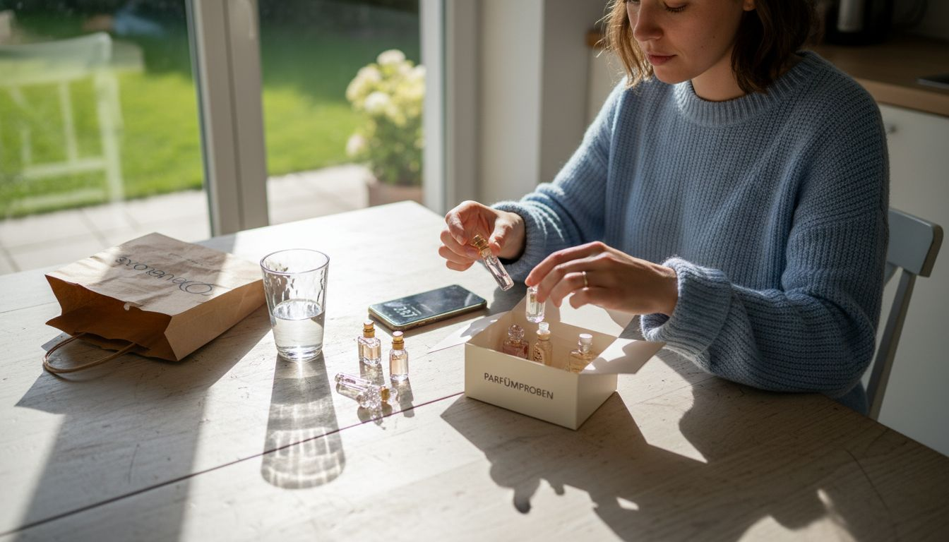 Eine Frau sitzt am Küchentisch und probiert verschiedene Parfümproben aus, um ihren Favoriten zu finden.