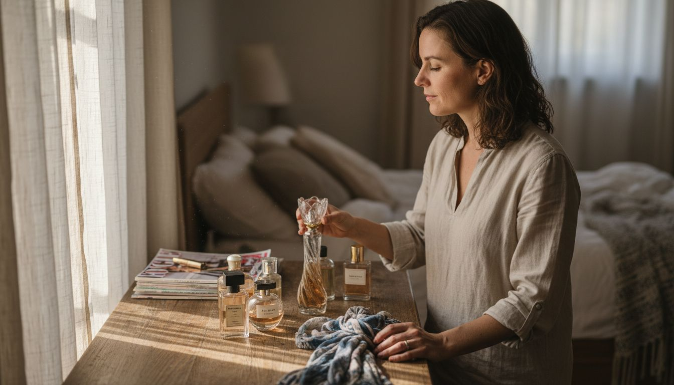 Eine Frau steht vor ihrer Parfümsammlung im Schlafzimmer und überlegt, welchen Duft sie heute tragen möchte.