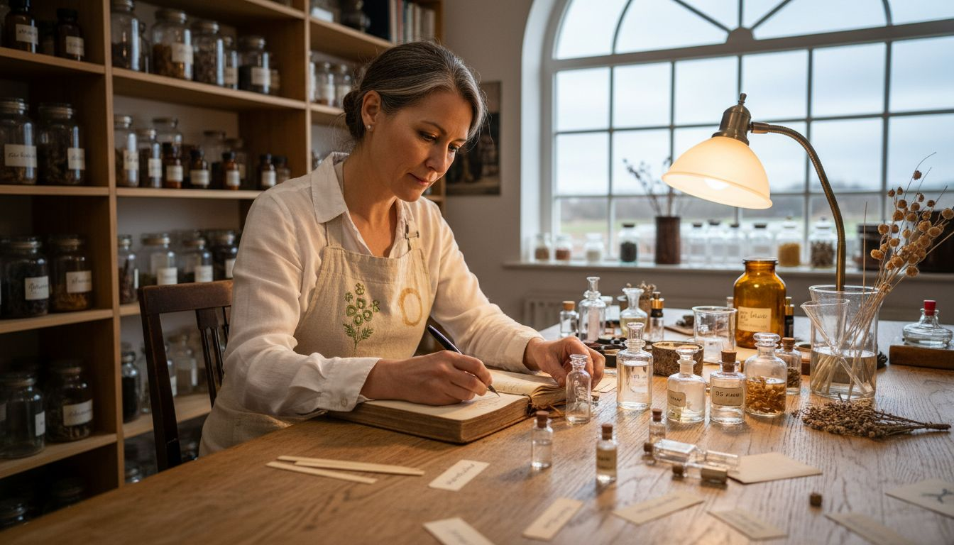 Perfumer at cluttered table arranging fragrance bottles