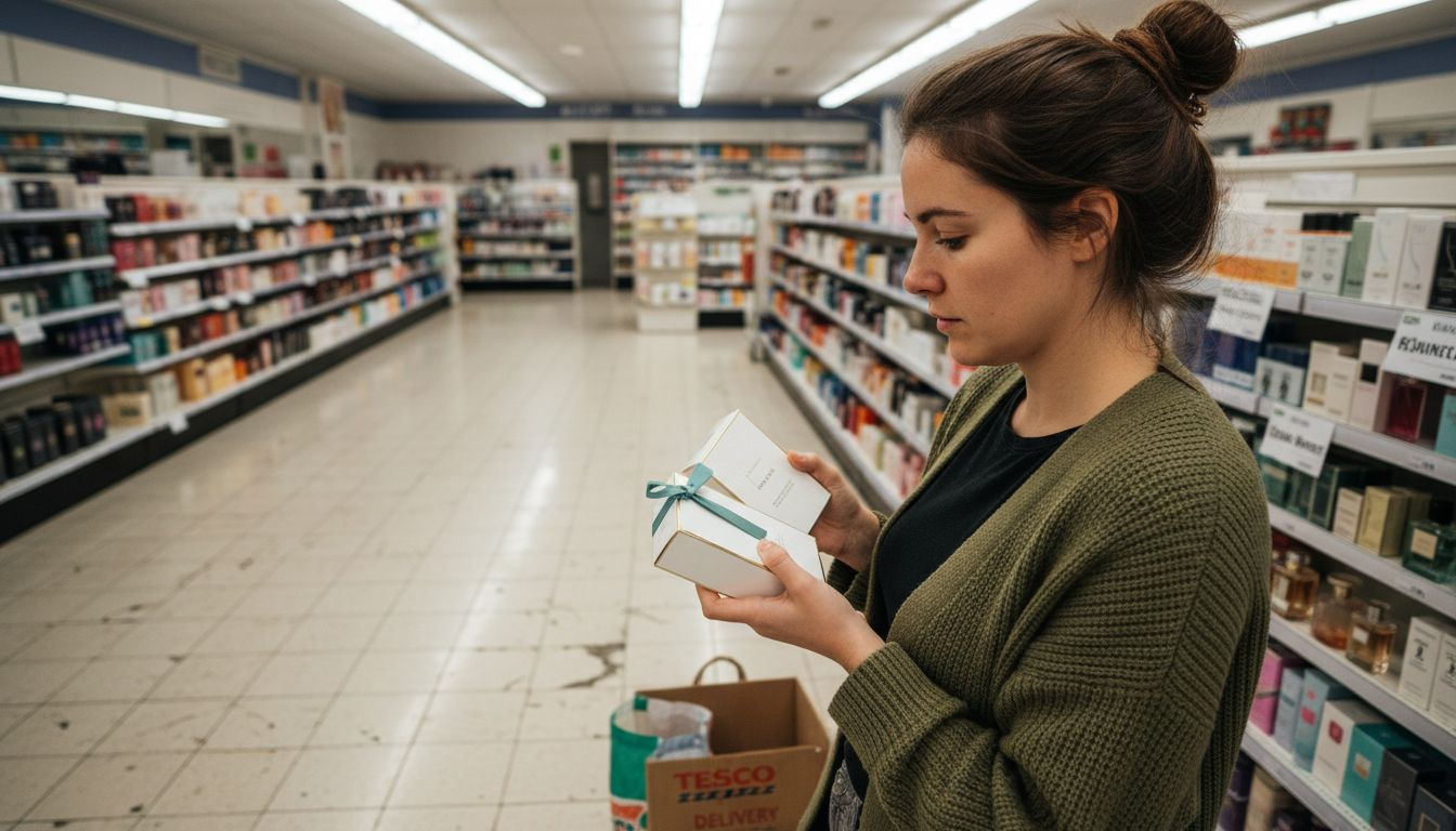 Woman choosing affordable fragrances in UK chemist