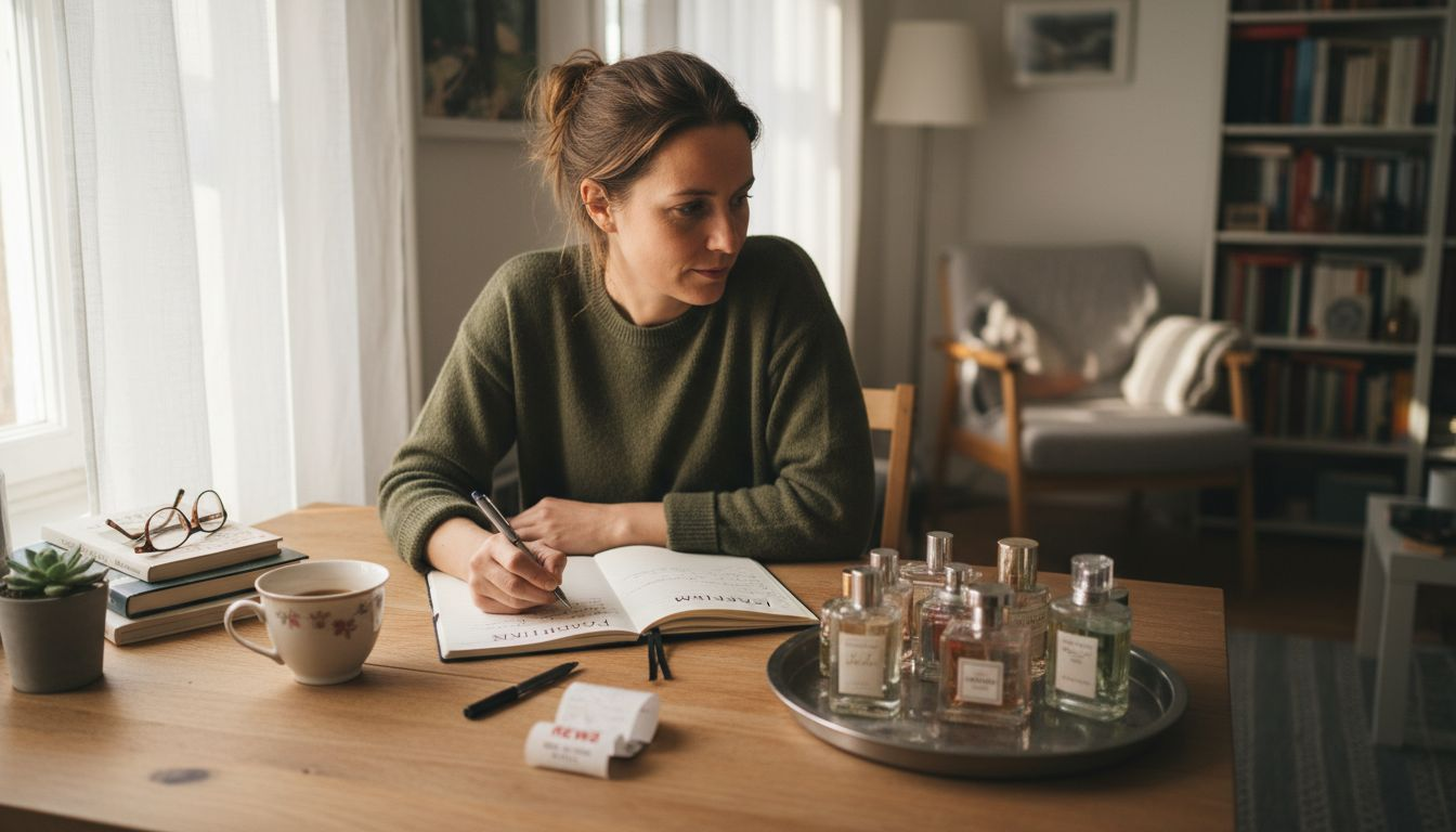 Eine Frau sitzt am Fenster und trägt eine Liste ihrer Parfüms ein.