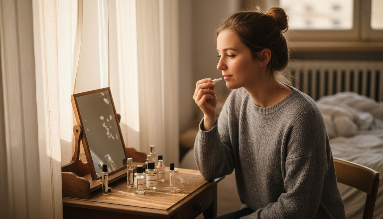 Eine Frau probiert günstige Parfums an ihrem Schminktisch zu Hause aus.