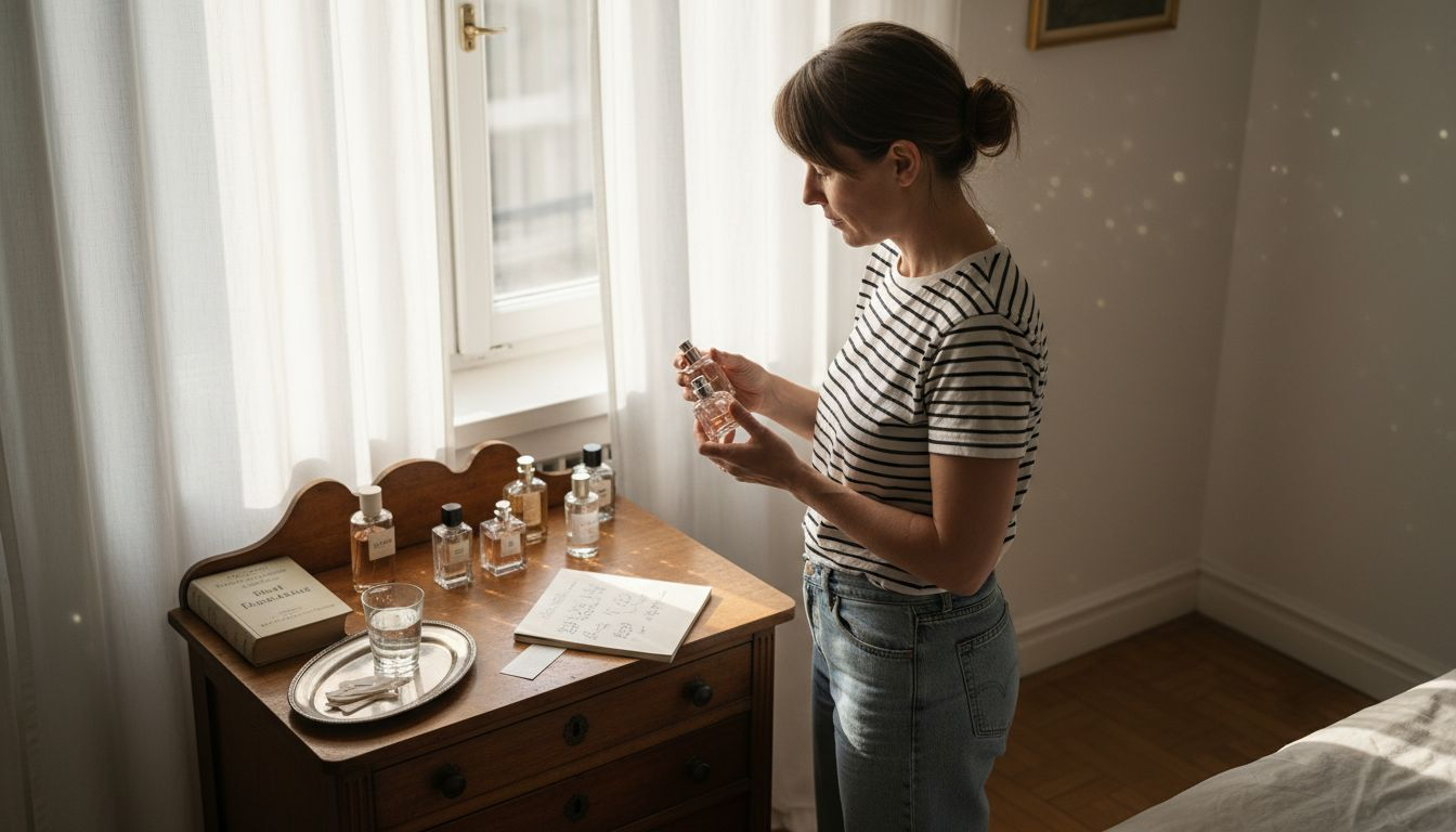 Eine Frau testet verschiedene Parfums in ihrem Schlafzimmer.