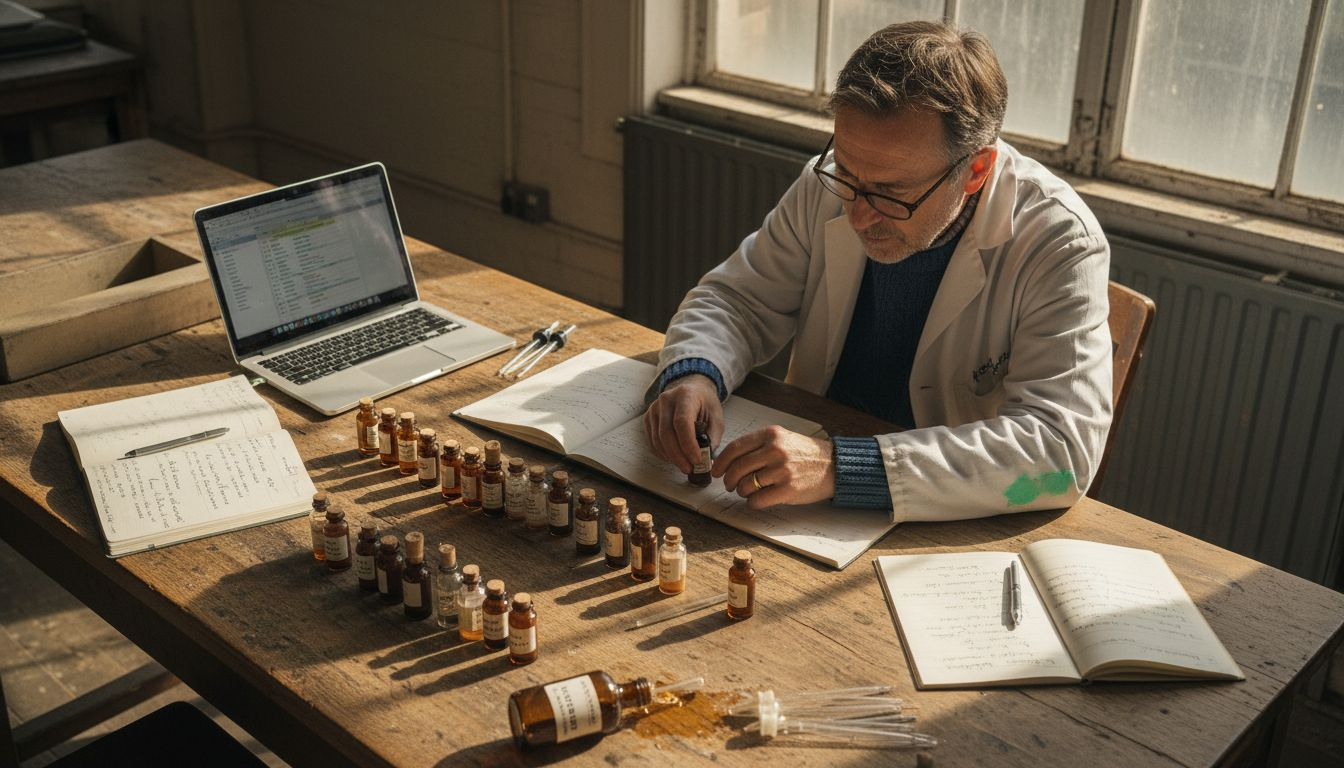 Perfumer studying scent samples in studio