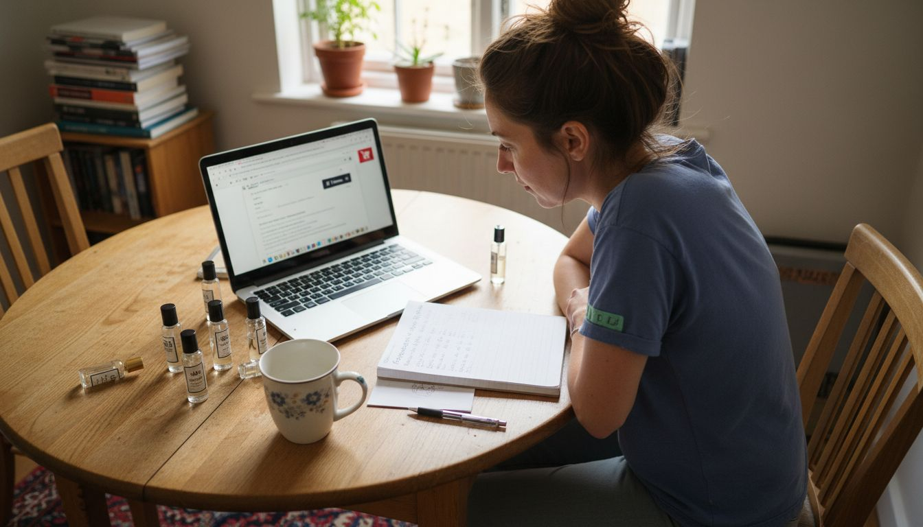 Woman shopping for perfumes online in UK flat
