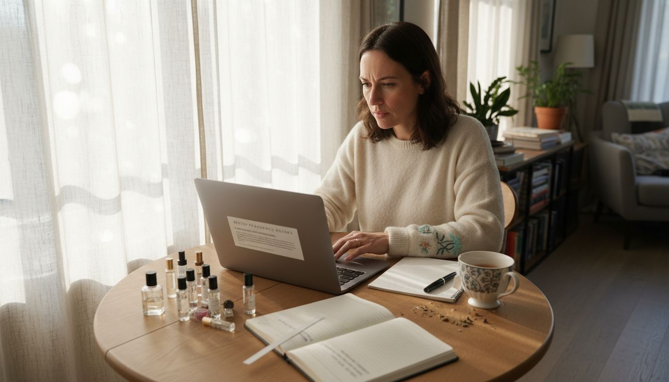 Woman reading perfume reviews at table