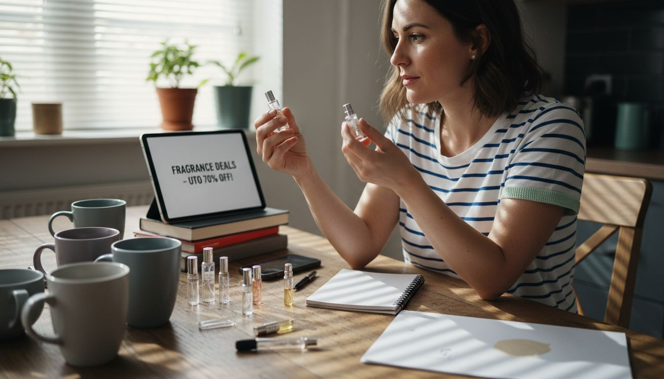 Woman comparing perfume bottles at kitchen table