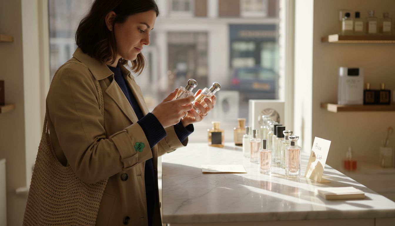 Woman comparing perfume bottles in boutique