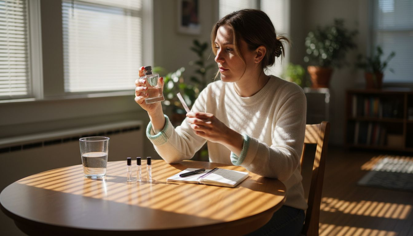 Woman sampling perfumes at sunlit table