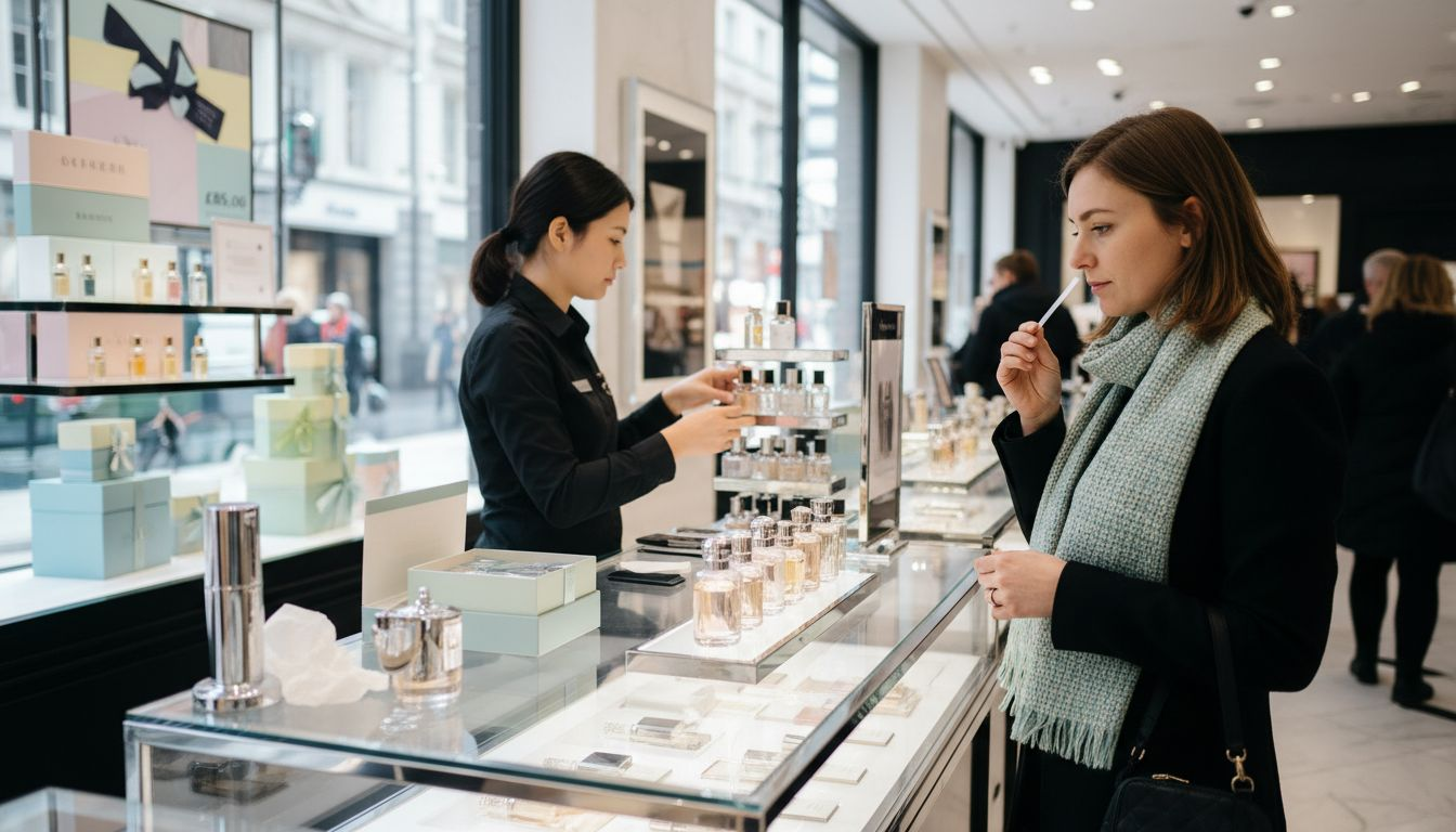 Shopper selecting perfume in London boutique