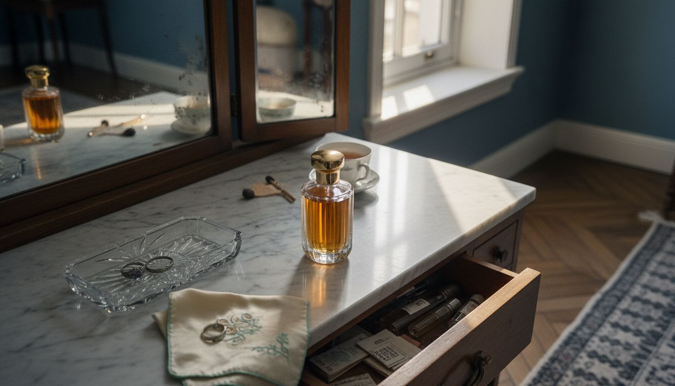 Elegant extrait de parfum bottle on marble vanity