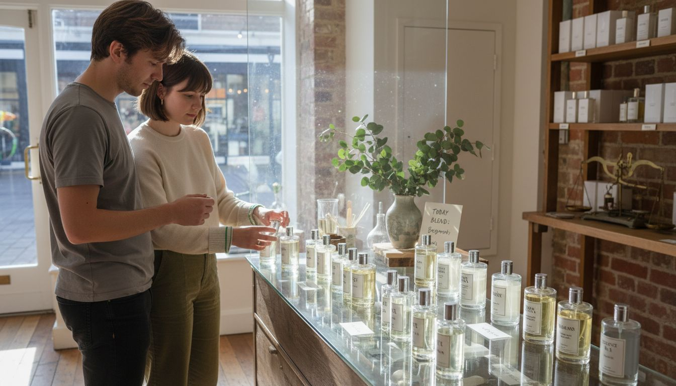 Couple selecting unisex fragrances in boutique