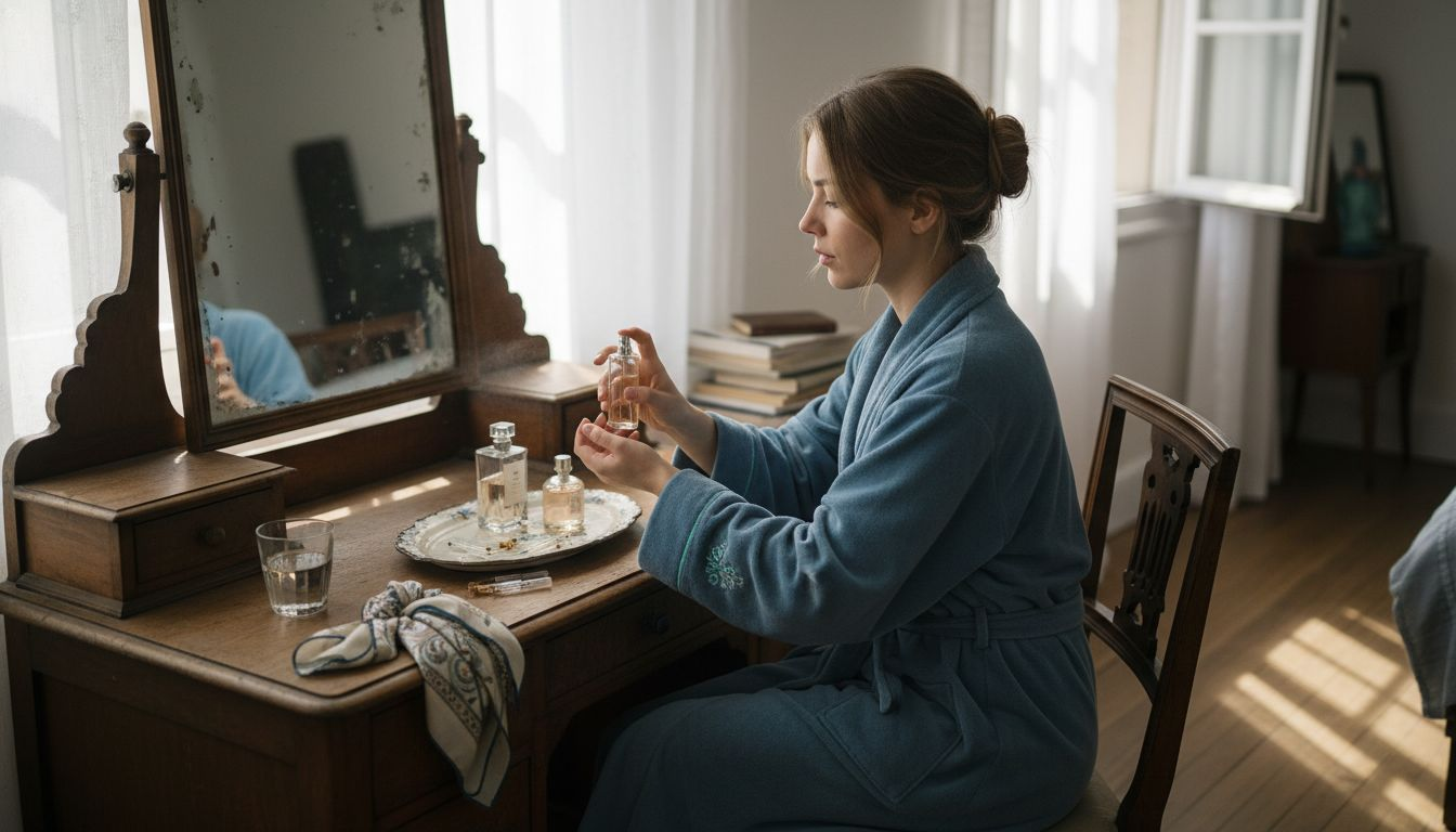 Woman choosing perfume at sunlit vanity
