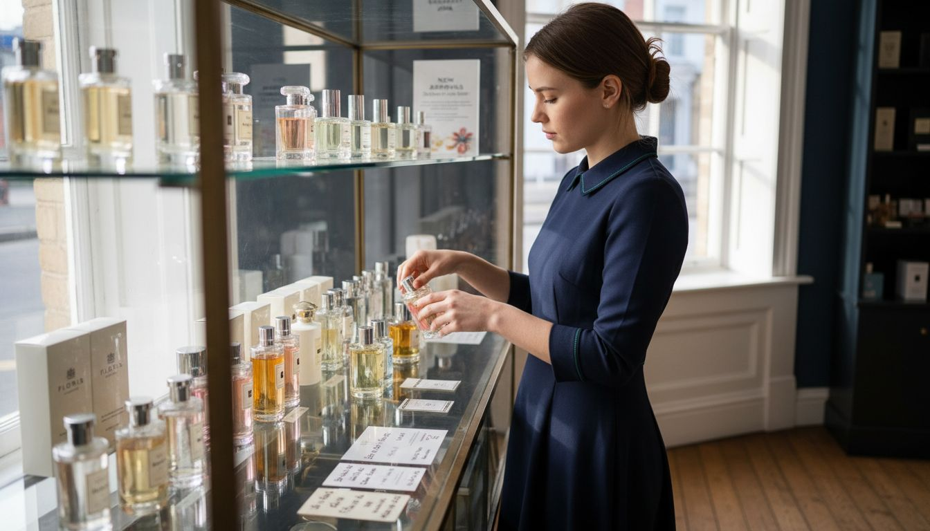 Woman arranging luxury perfume bottles display