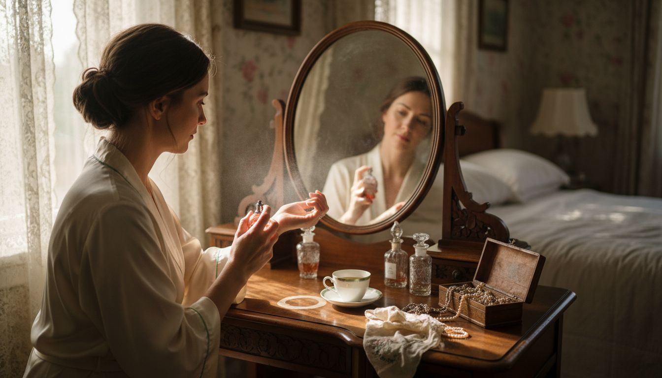 Woman applying perfume at bedroom vanity in morning
