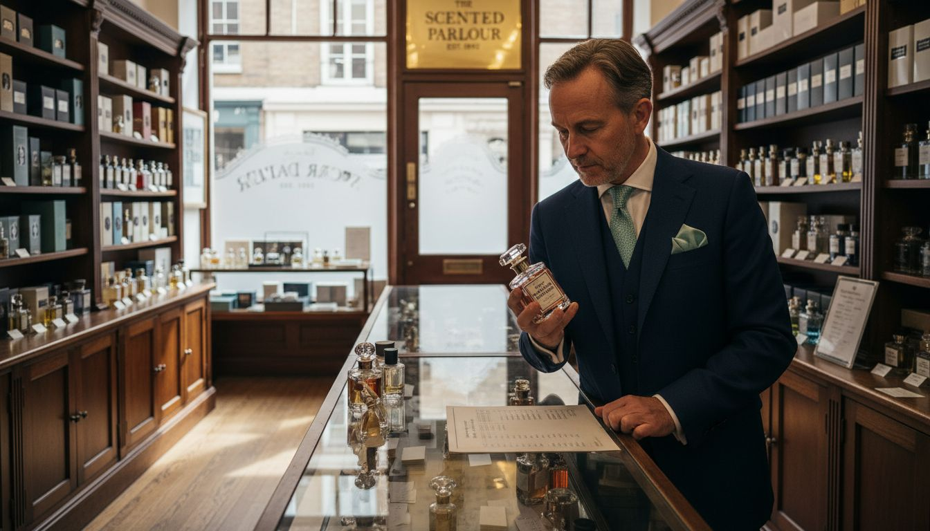 Man reading perfume label in UK shop