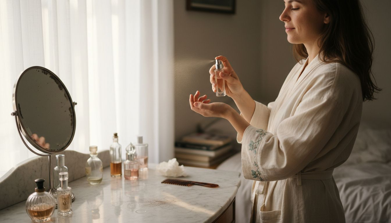 Woman testing fragrance at vanity table