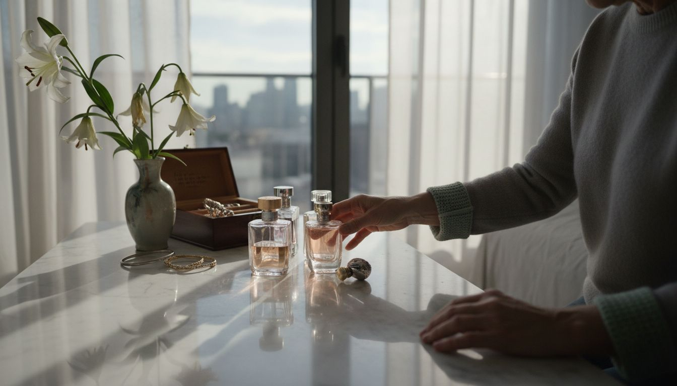 Woman choosing perfume on marble vanity