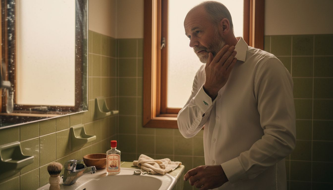 Man applying Old Spice aftershave in vintage bathroom