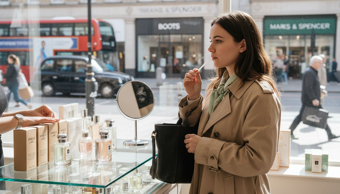 Woman sampling perfume in glass retail display