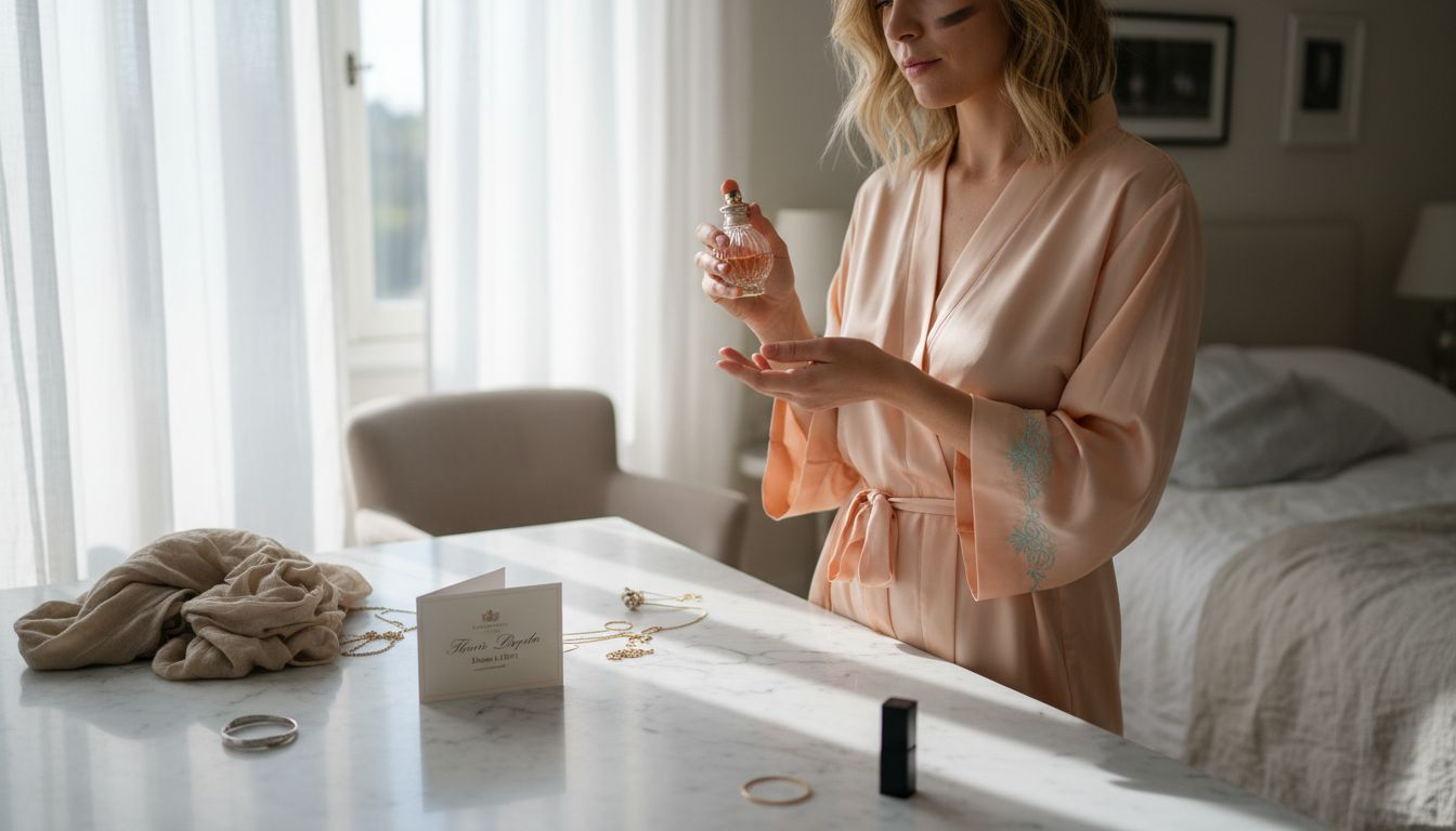 Woman holding perfume extrait bottle at vanity