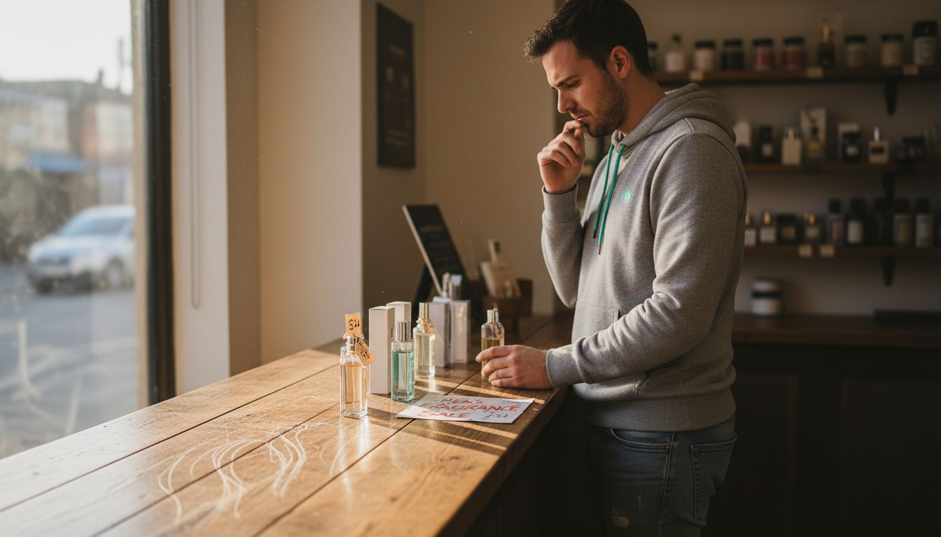 Man browsing budget perfumes shop counter