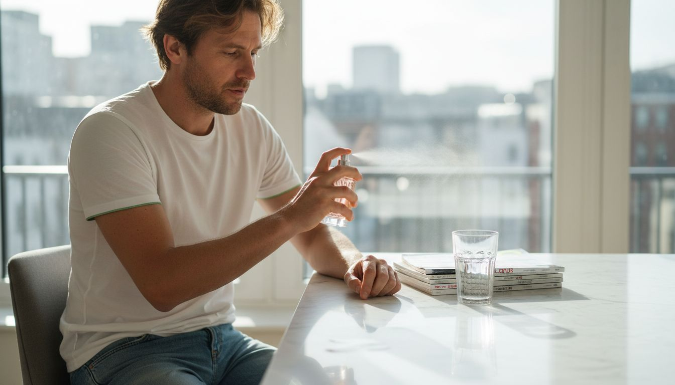 Man spraying Dior Sauvage cologne at home