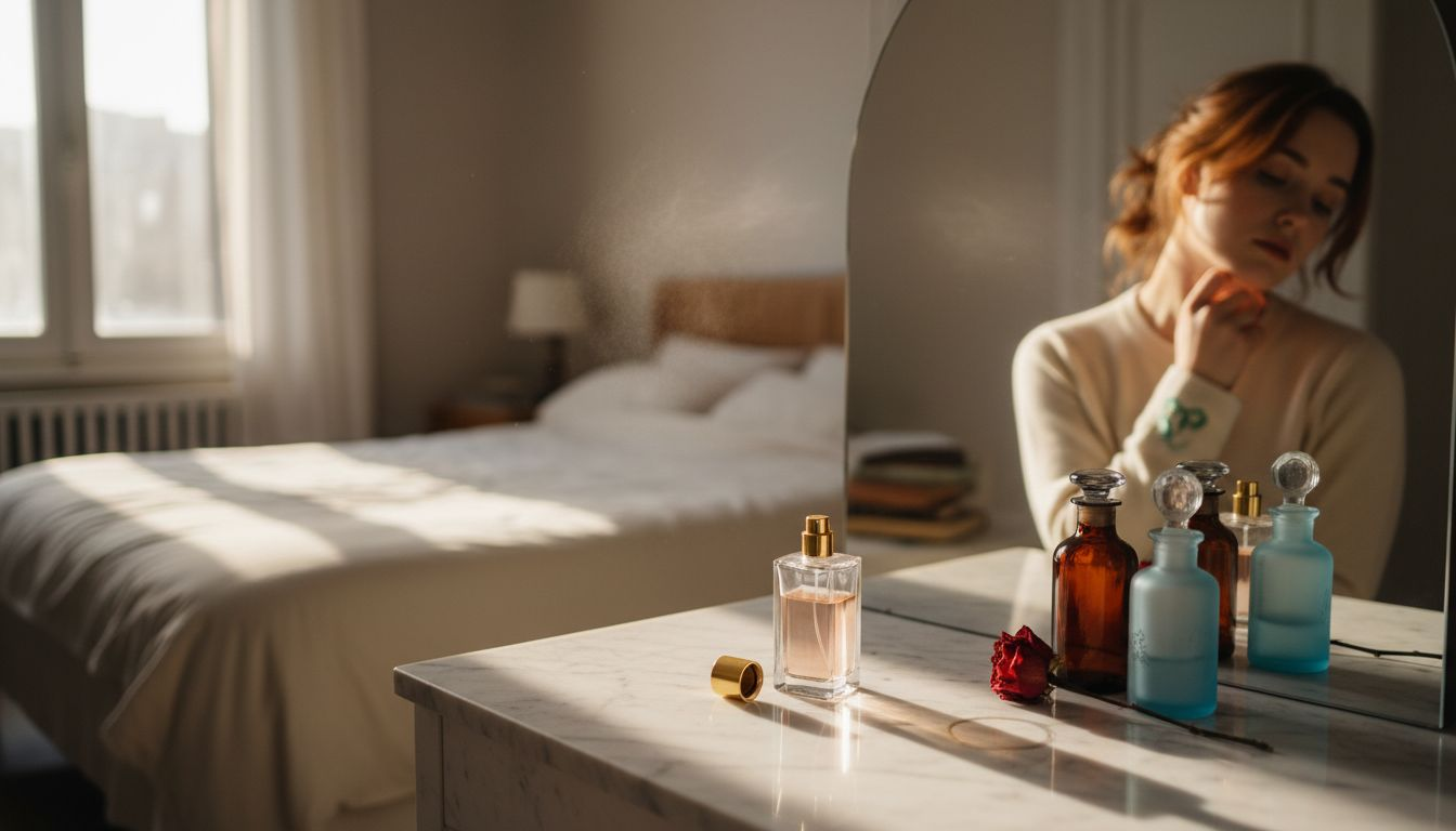 Applying perfume at marble vanity table
