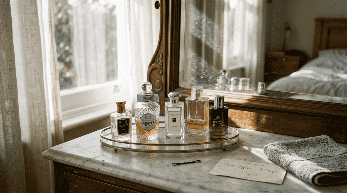 Perfume bottles on marble vanity in sunlight