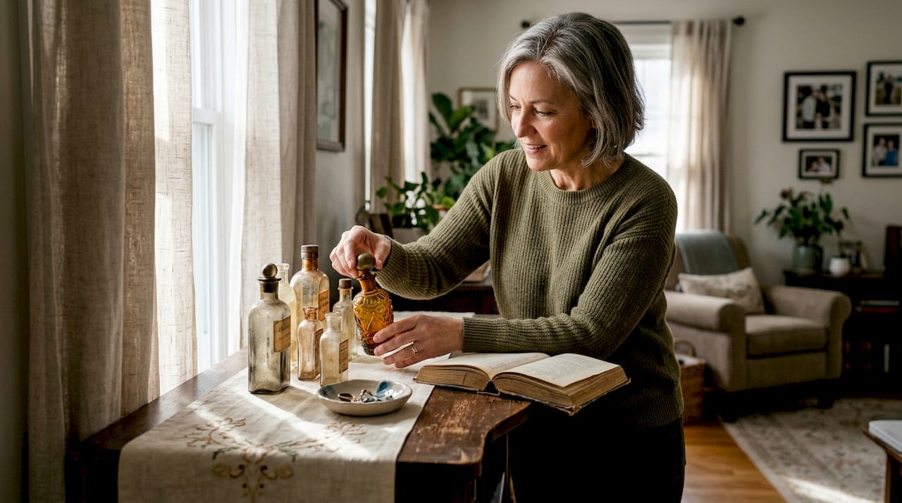 Una mujer acomoda cuidadosamente su colección de frascos antiguos de perfume en una repisa.
