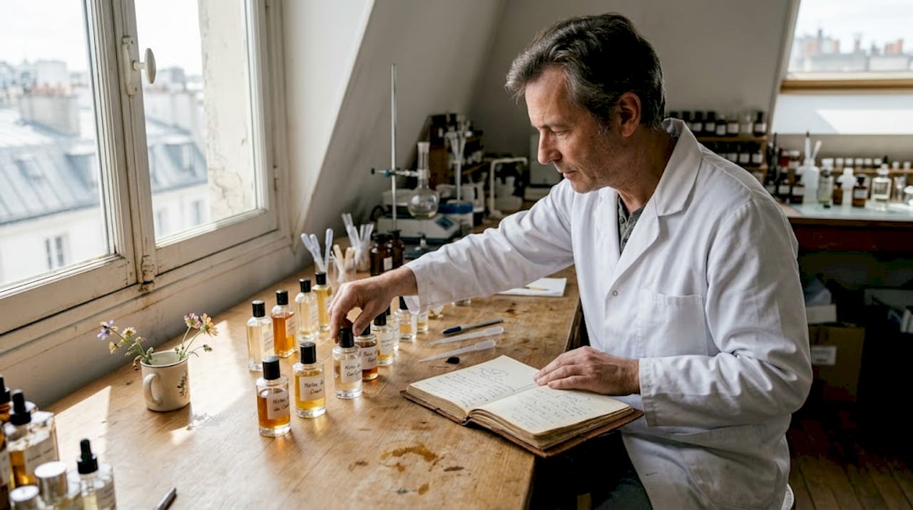 Un parfumeur en train d’étudier des flacons d’origine pour en garantir l’authenticité.