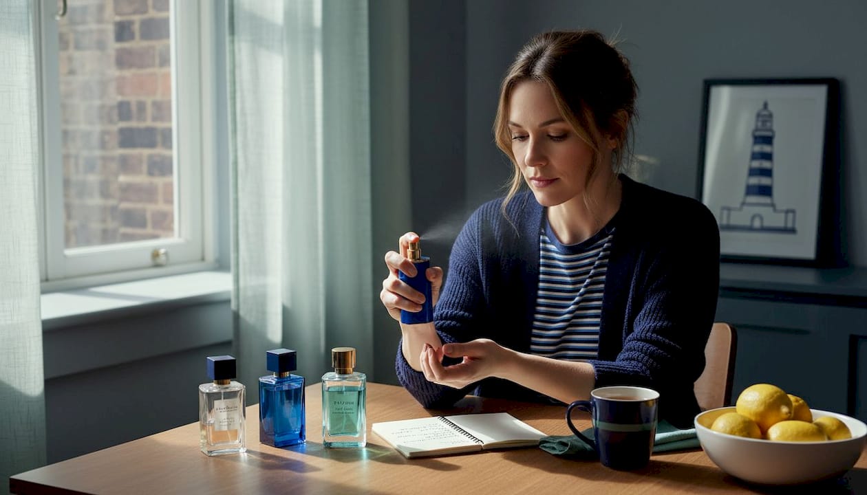 Woman choosing affordable fresh fragrance bottles
