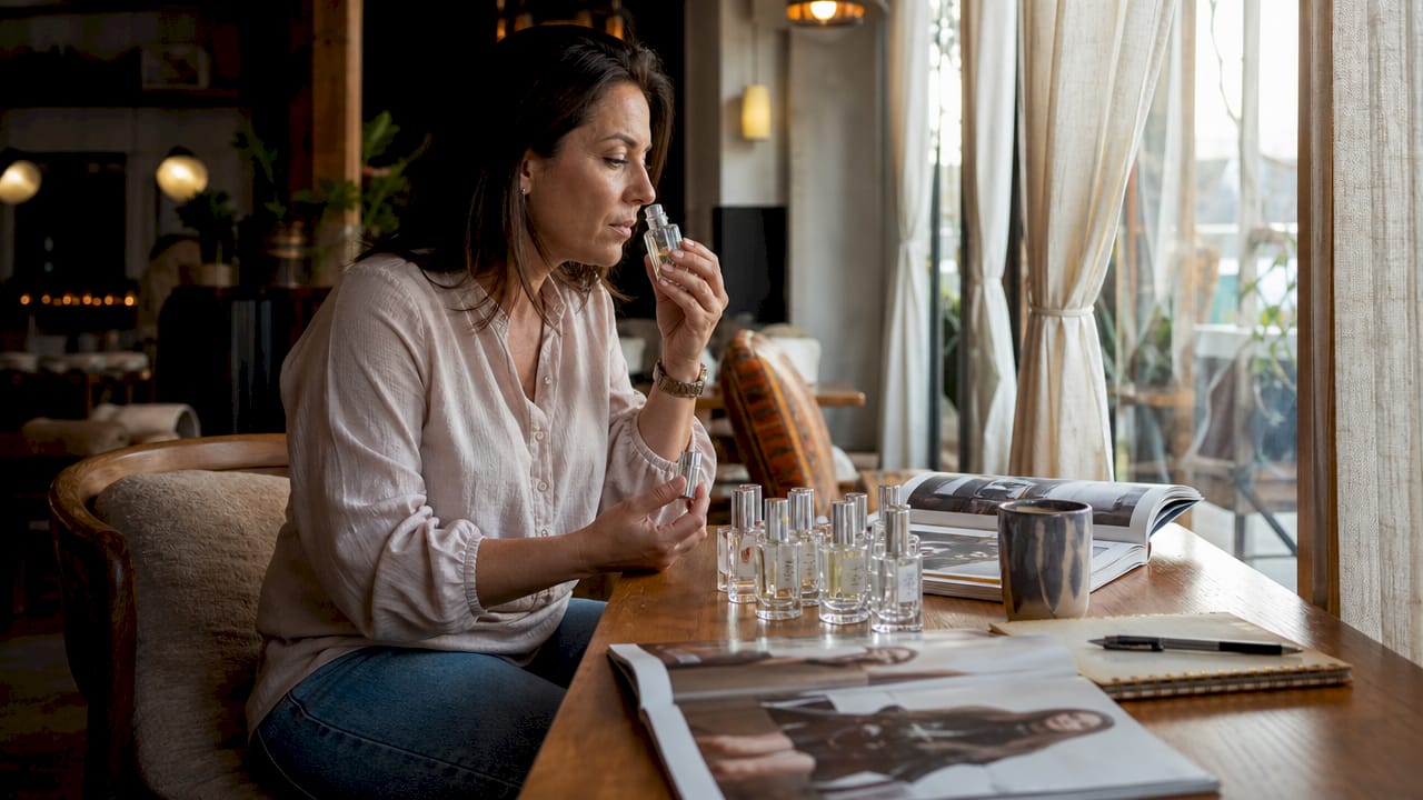 Mujer probando perfumes económicos que imitan fragancias de lujo