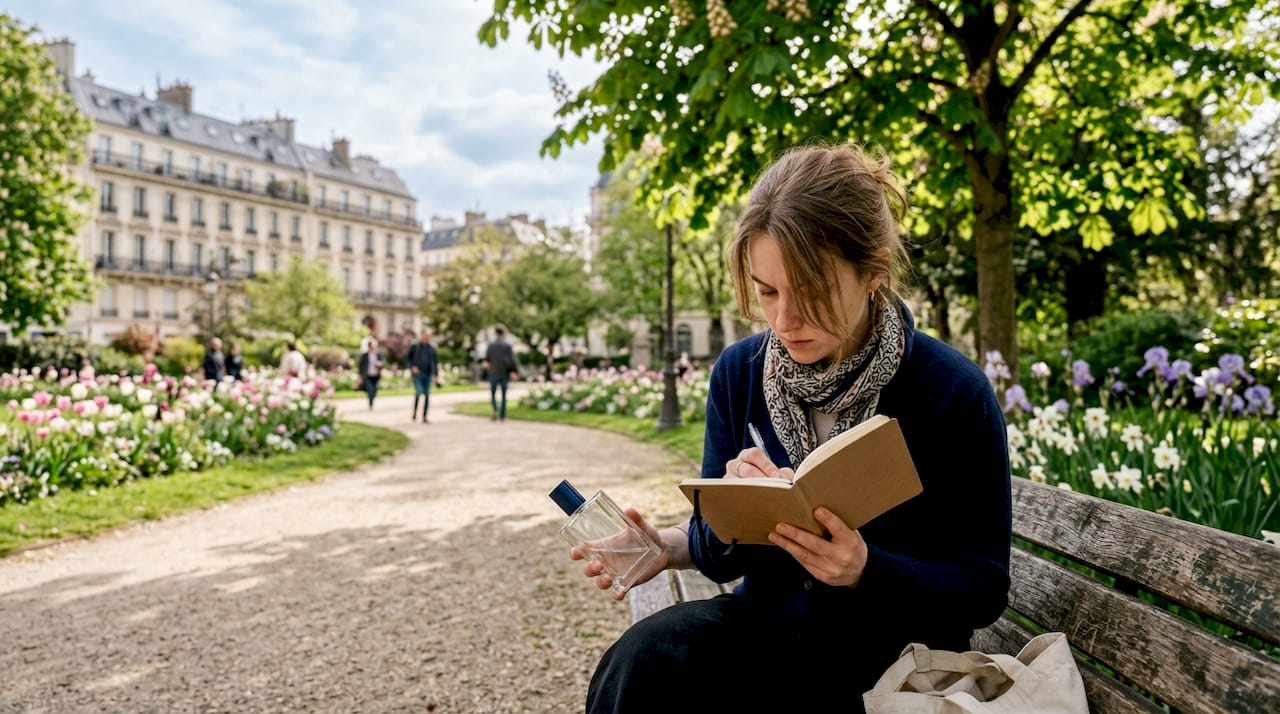 Une femme pensive hésite à choisir un parfum équivalent.